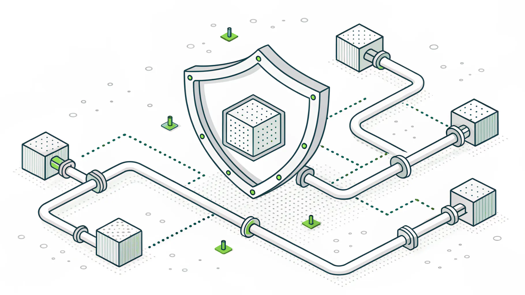 Isometric illustration of data channels feeding into a central shield