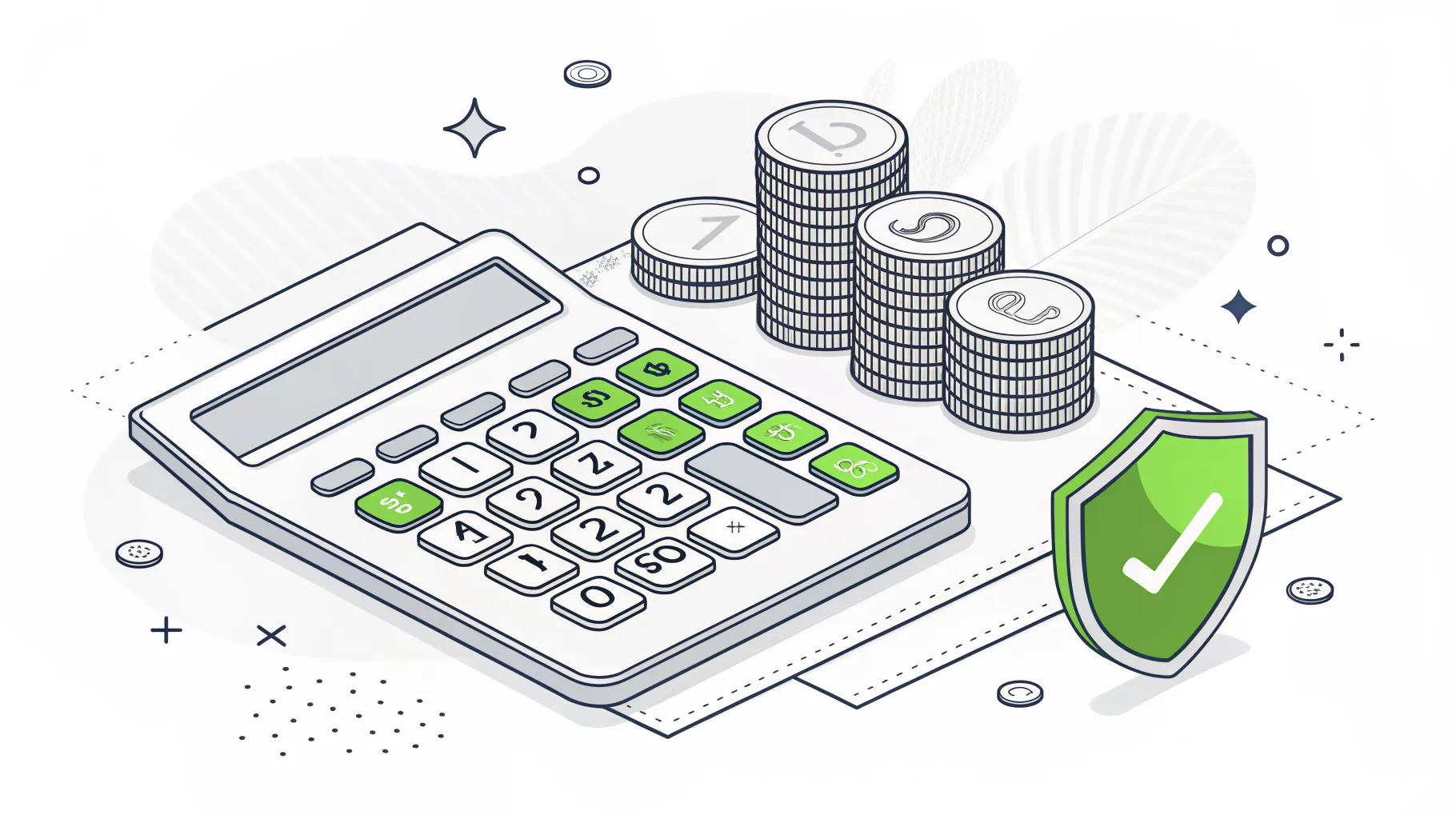Desk calculator beside stacks of coins and a green shield, representing a full downtime cost calculation