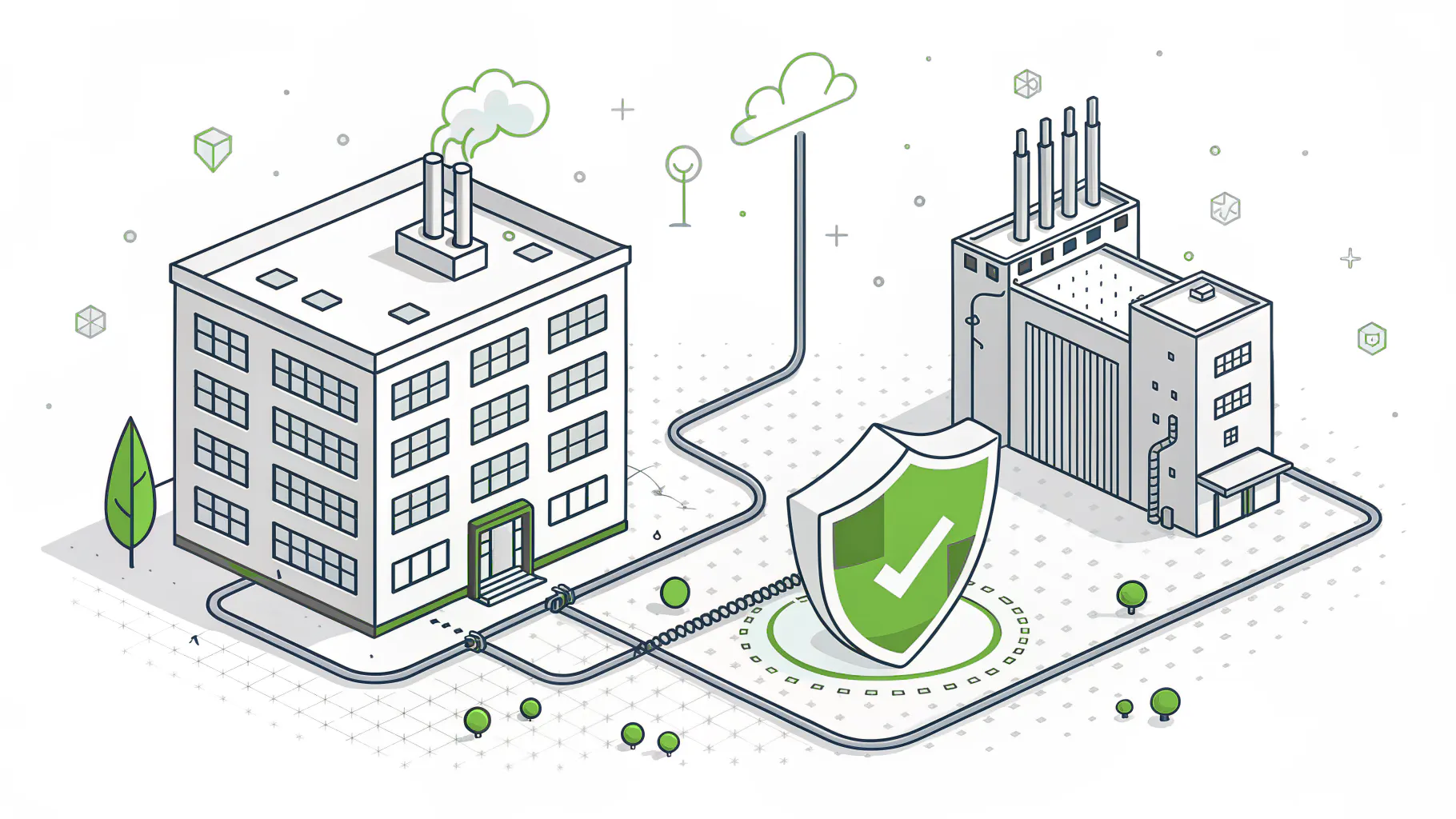 An office building and a factory connected by network cables that pass through a green firewall shield, representing the decision on whether plant systems are in ISO 27001 scope