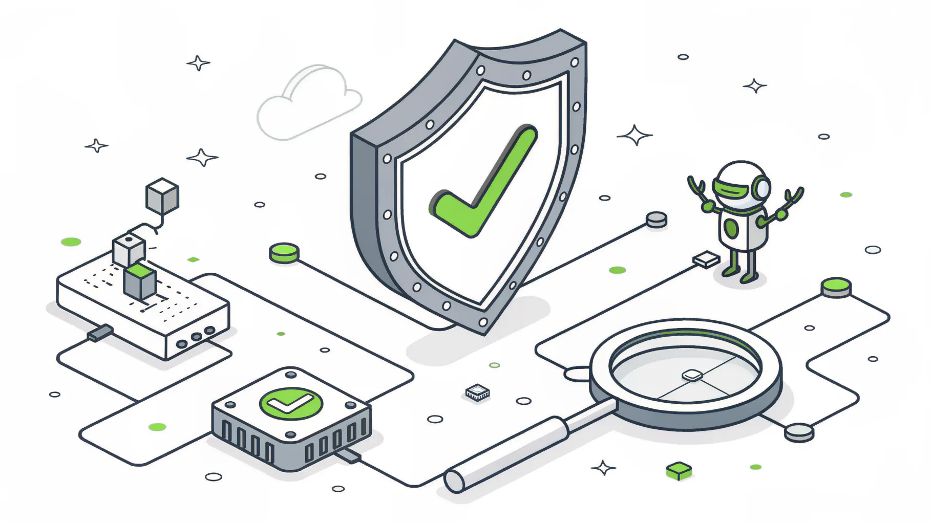Isometric illustration of a shield with a checkmark connected to AI nodes, a robot, and a magnifying glass, representing AI governance