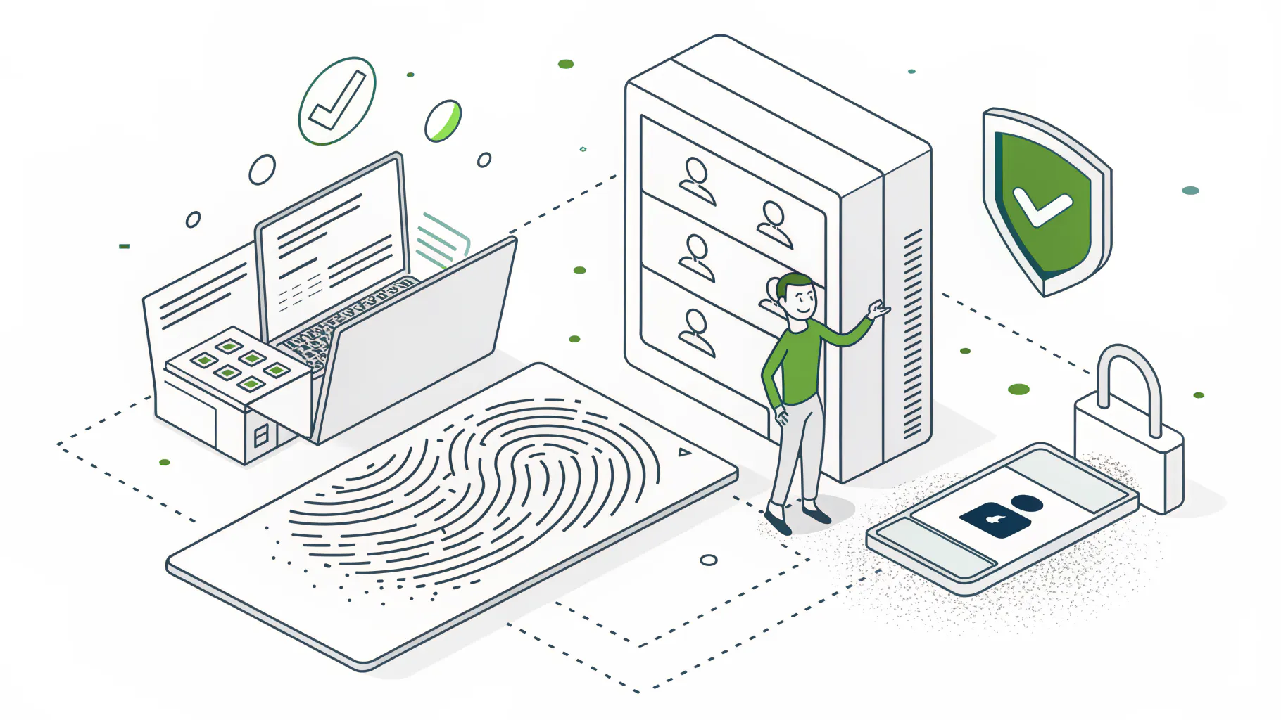 File server behind a fingerprint scanner and badge reader with one person allowed through and another blocked, representing ITAR U.S. person access restrictions