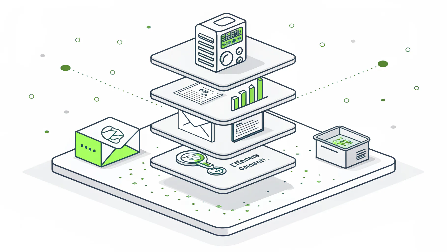 Four stacked platform layers holding a server, an email envelope, a bar chart and an archive box