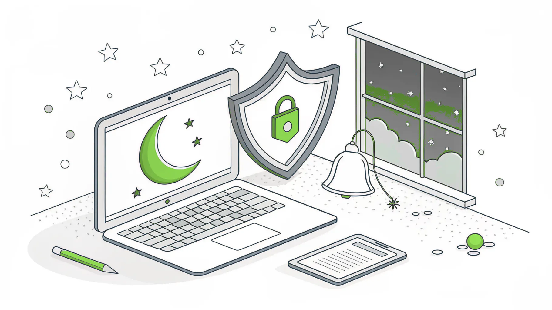 A shield in front of a laptop at night, representing after-hours security monitoring