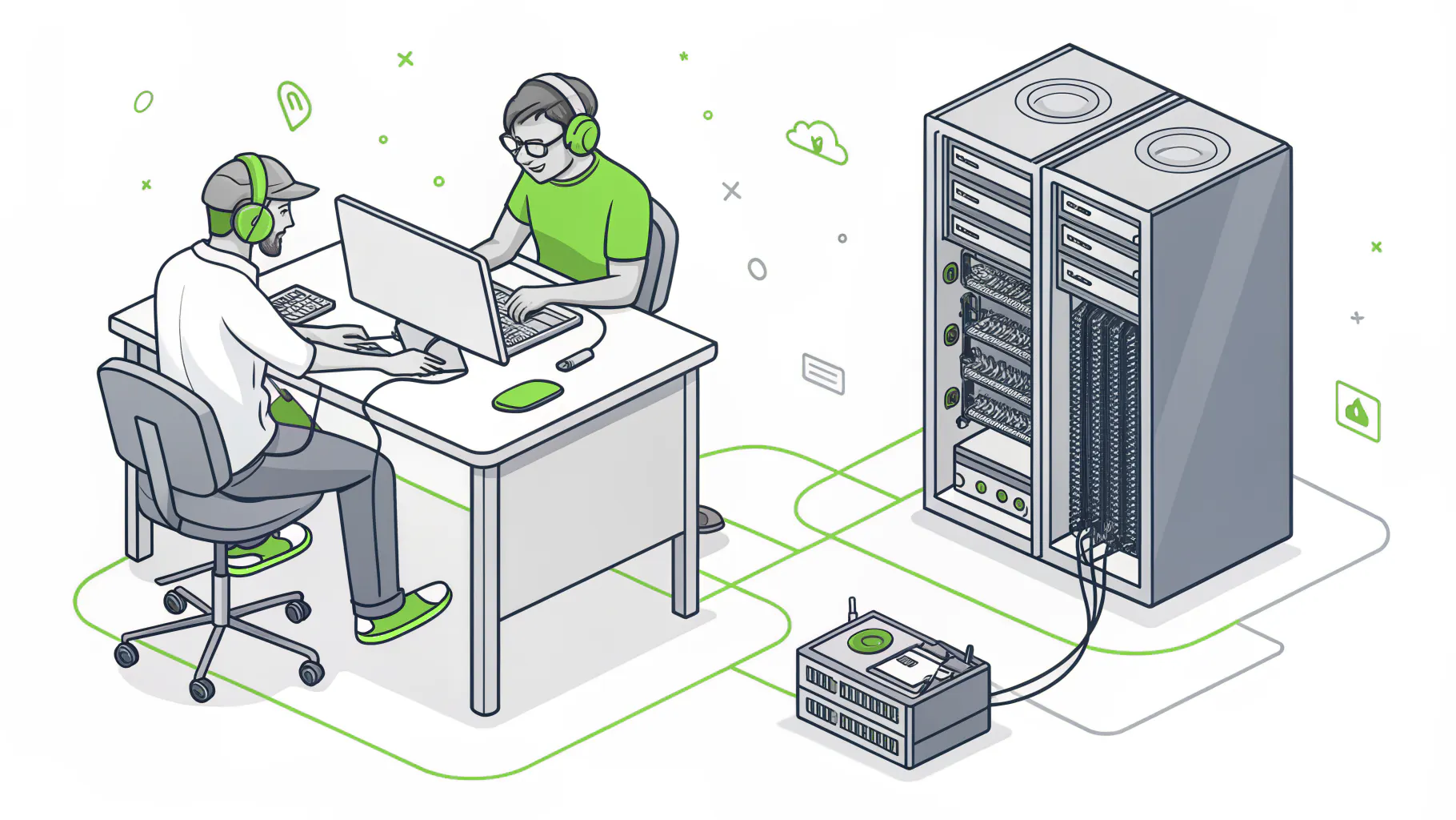Two technicians working remotely at a desk beside a server rack and network switch, representing remote versus on-site IT support