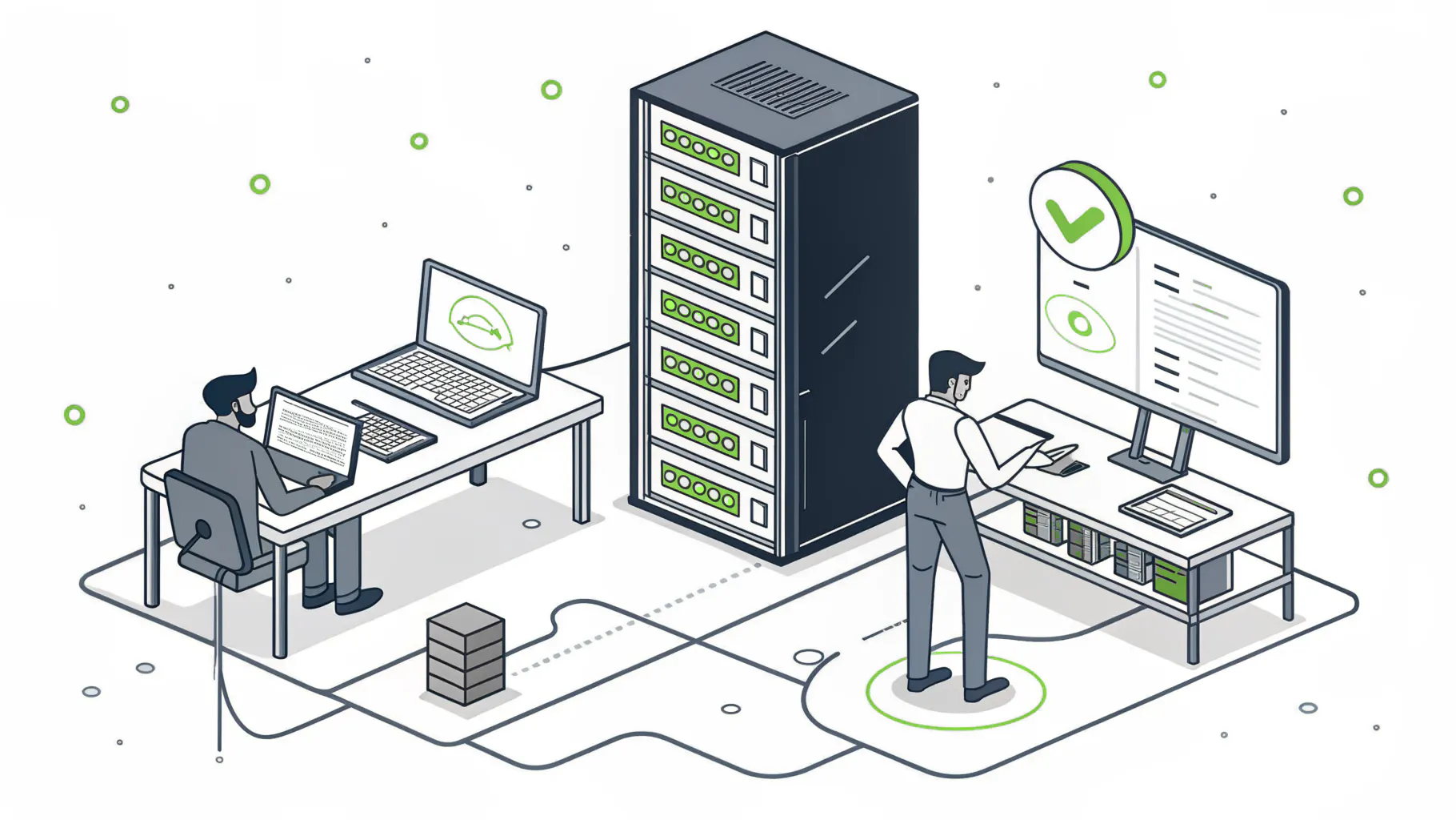 An office with laptops and a server rack connected to a remote monitoring screen showing a green check, representing what a managed service provider does