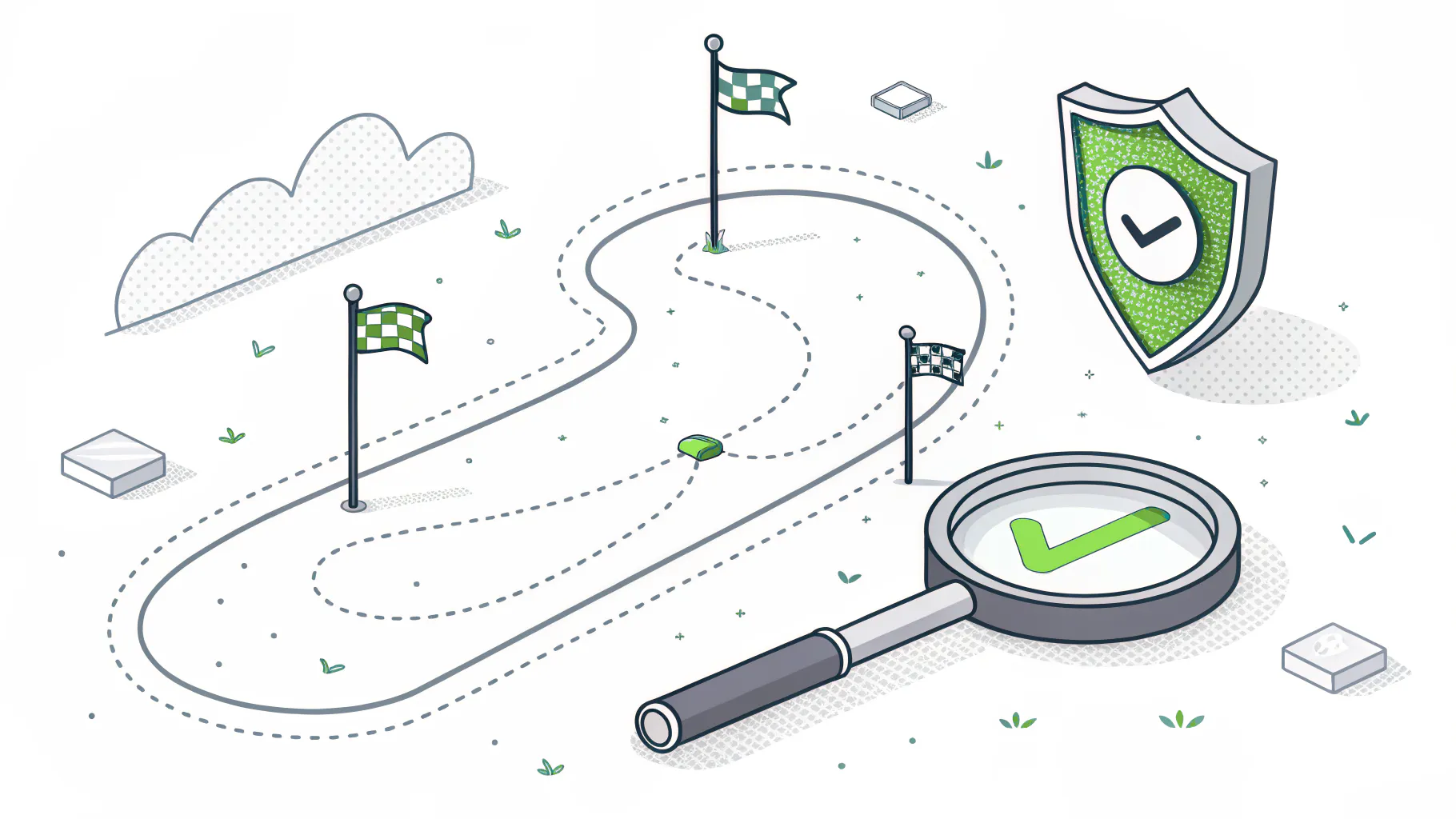 A winding path with checkpoint flags leading from a magnifying glass to a locked shield