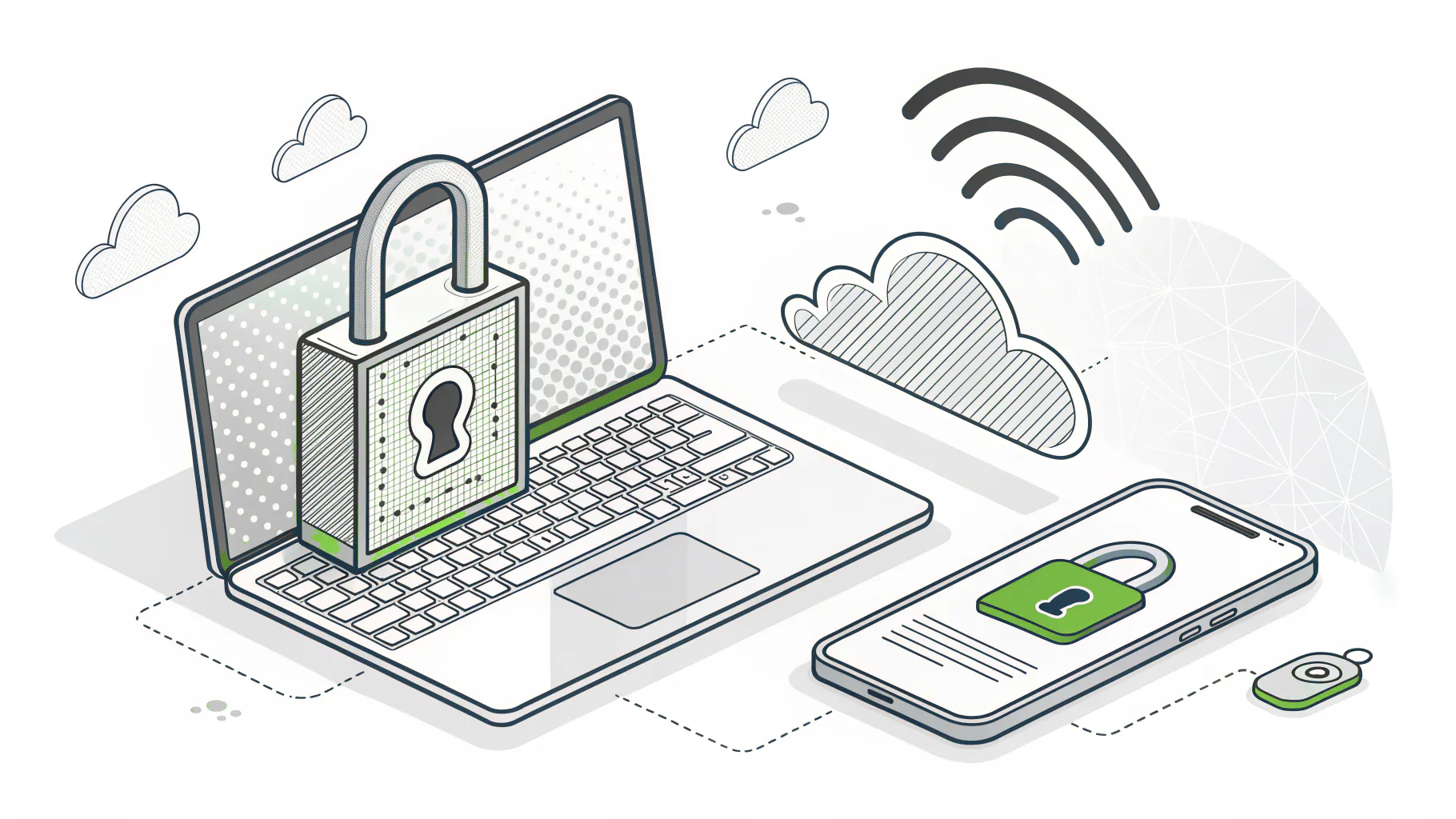 A locked laptop and phone with a remote signal, representing device management, encryption, and remote wipe for a small professional firm