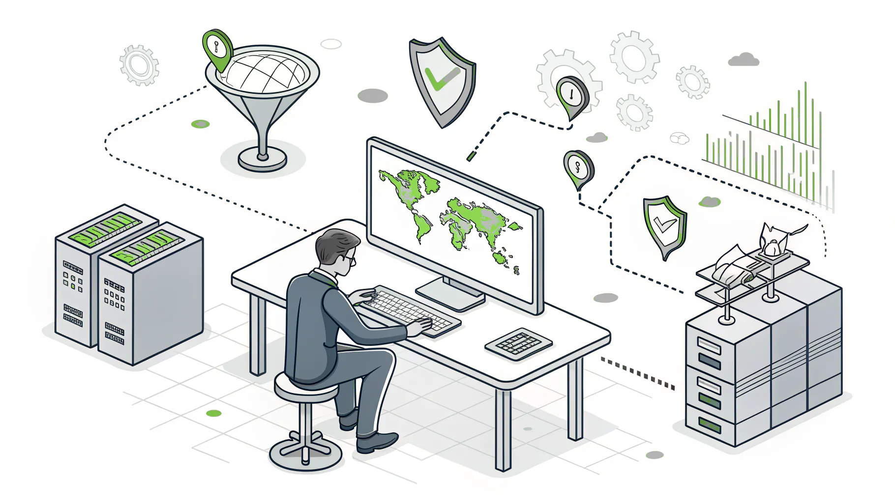 Illustration of a security analyst reviewing threat intelligence data flowing from global sources into one screen