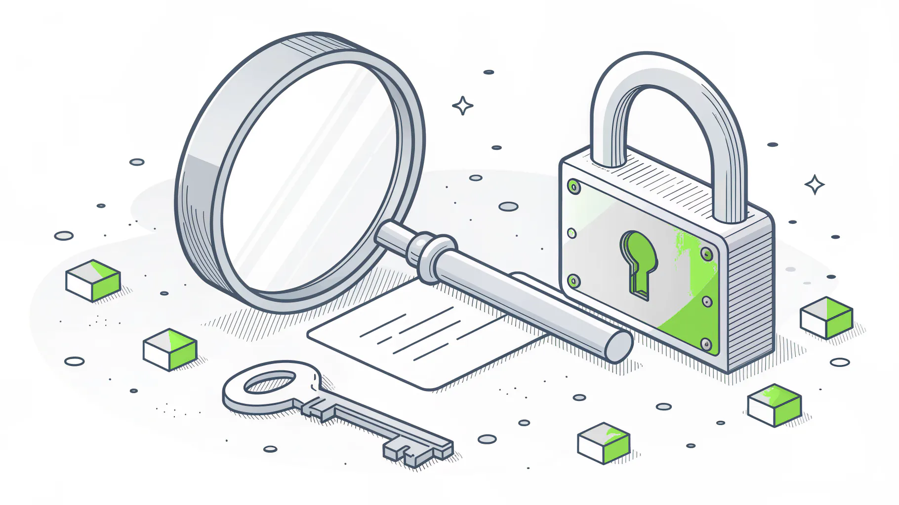 Magnifying glass over a padlock and key, representing a review of admin access