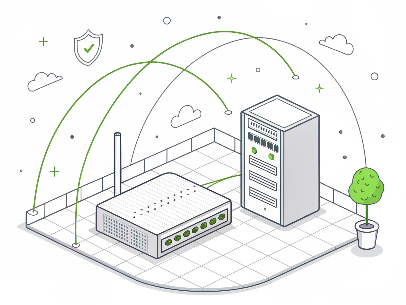 Firewall appliance with layered network security boundaries, isometric line illustration