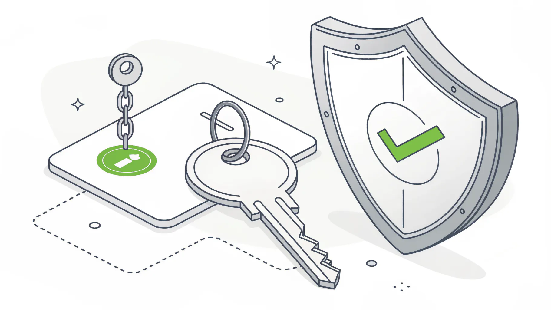 A hardware security key on a keyring beside a shield with a checkmark, representing an emergency access account