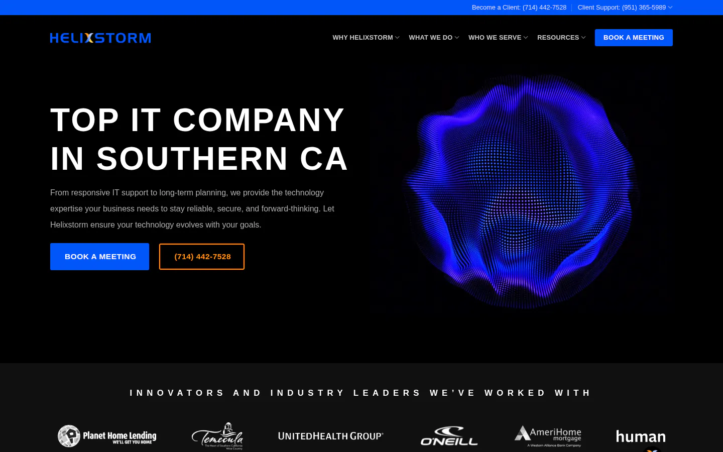 Helixstorm homepage showing Costa Mesa cloud, Azure, and managed IT services