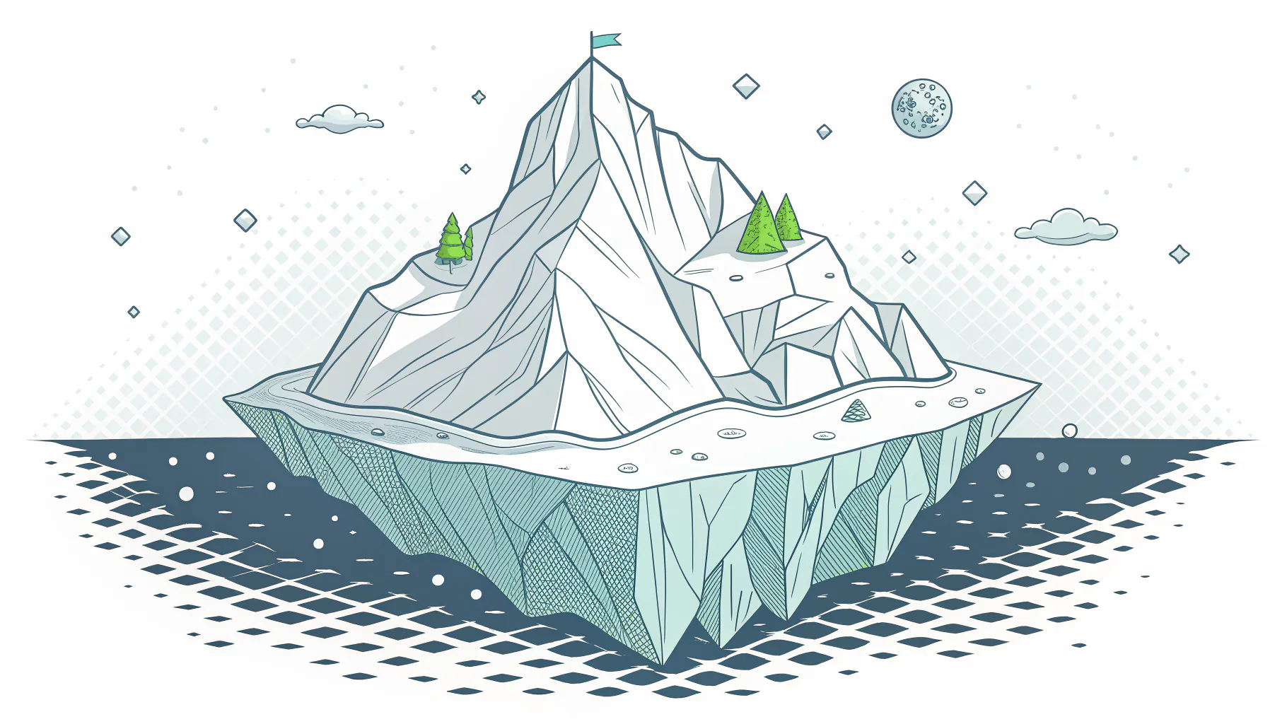 Iceberg with a small visible peak above the waterline and a far larger mass below, representing the visible versus hidden costs of manufacturing downtime