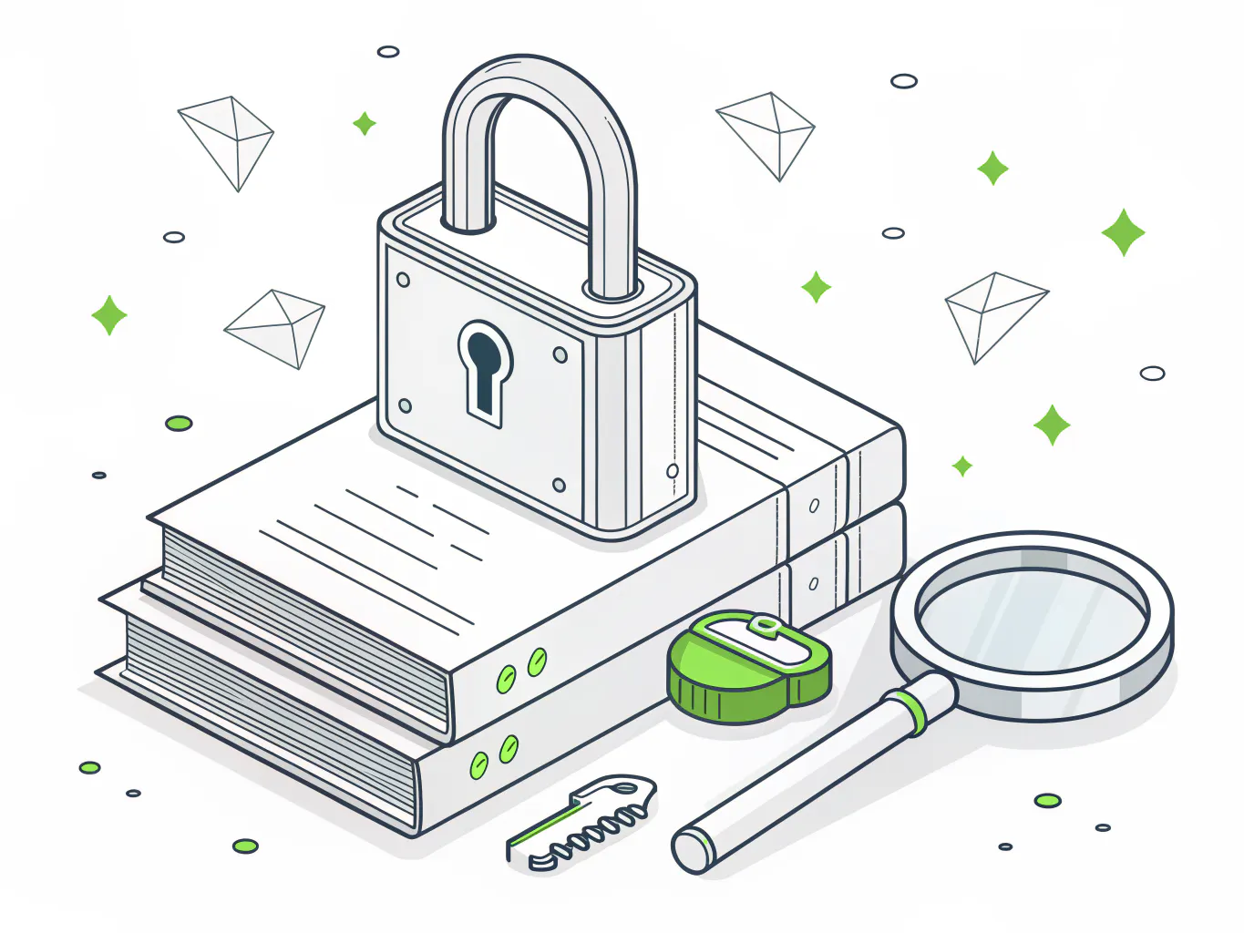 Line illustration of a padlock on a stack of legal document folders beside a magnifying glass