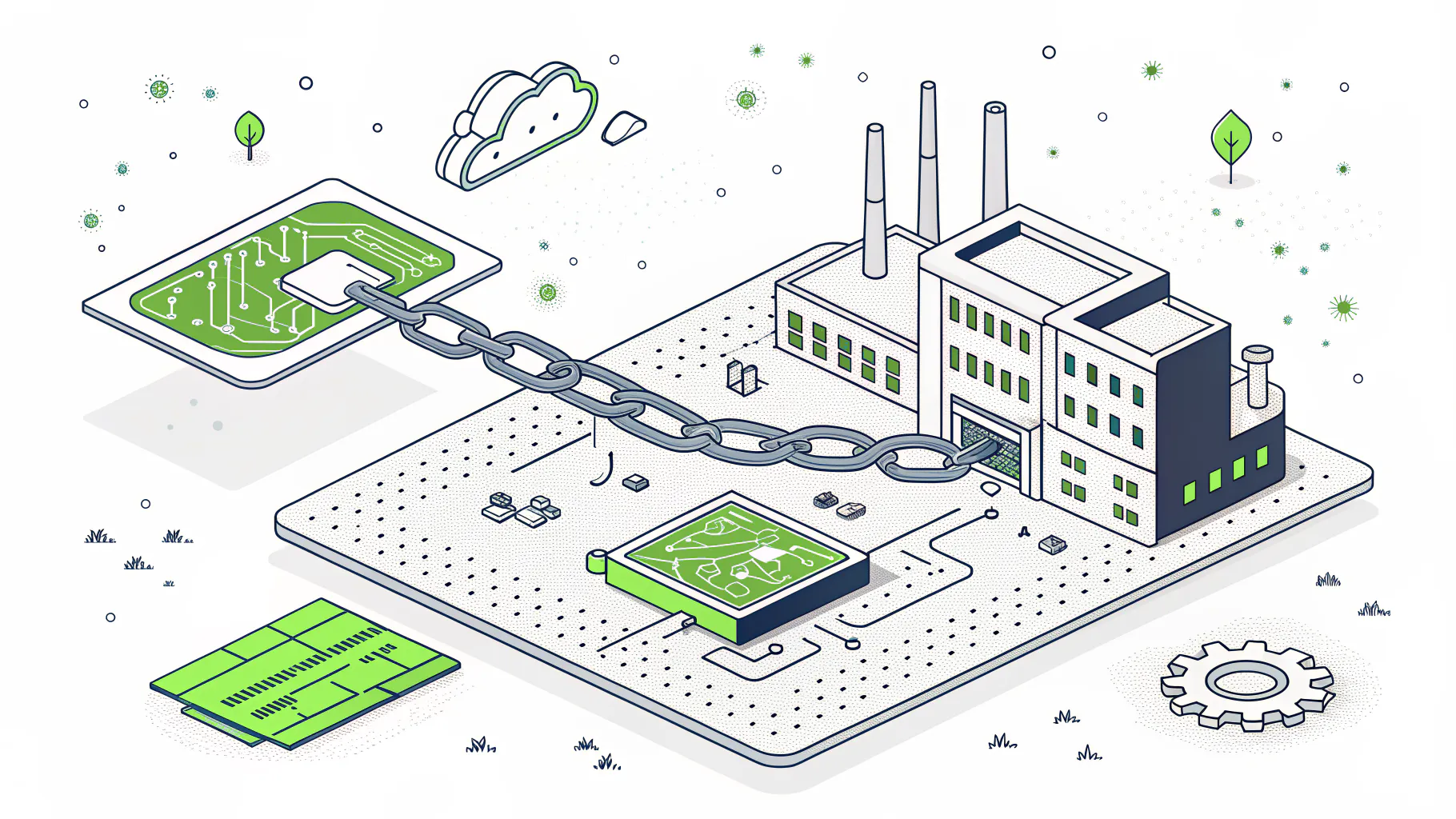Circuit board chained to a manufacturing plant, representing stolen engineering data and supply chain disruption after a ransomware attack