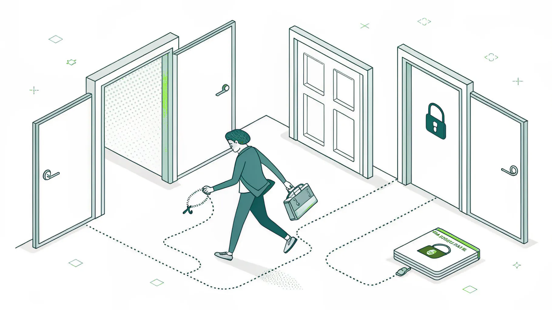 A penetration tester chaining through three doors from an unlocked entry point to a sensitive finance system