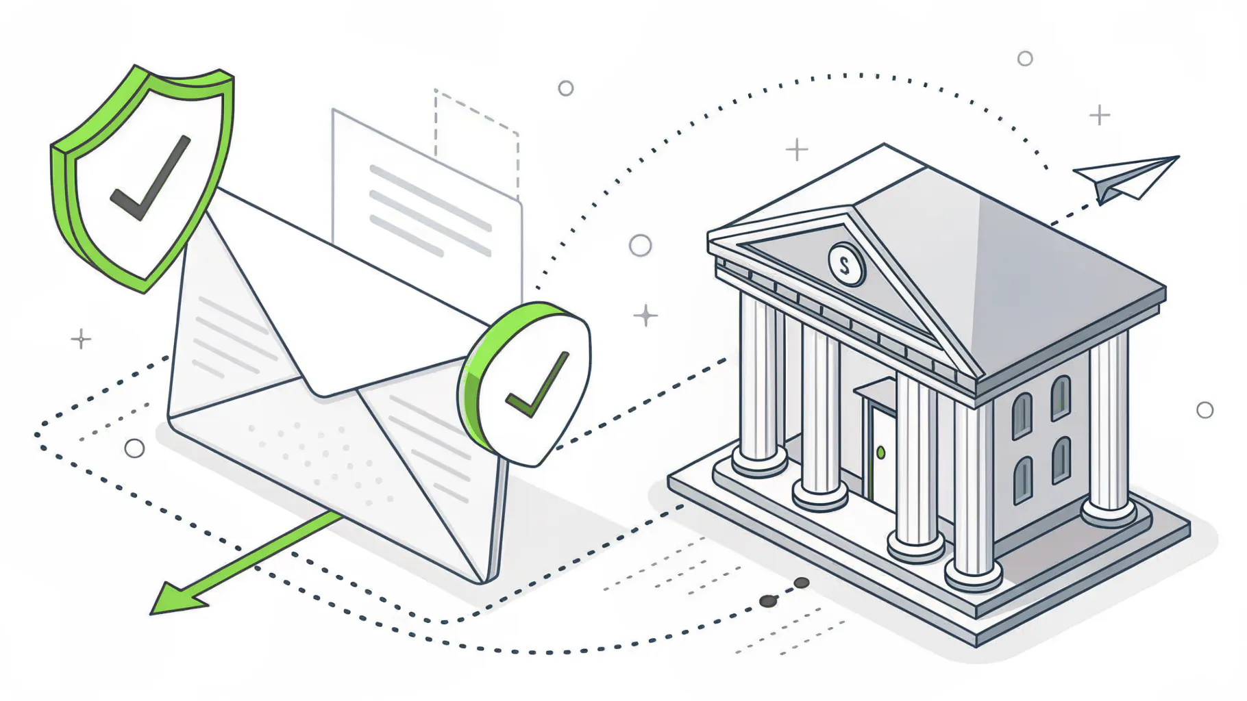 An email envelope guarded by a shield and checkmark beside a bank building, representing email security and wire fraud controls for escrow and real estate offices
