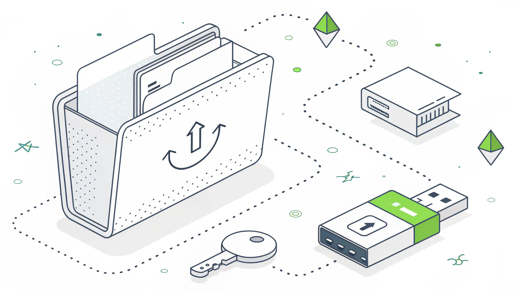 Design file folder with dotted paths leading out to a USB drive and an external device, representing the routes intellectual property leaves an electronics manufacturer