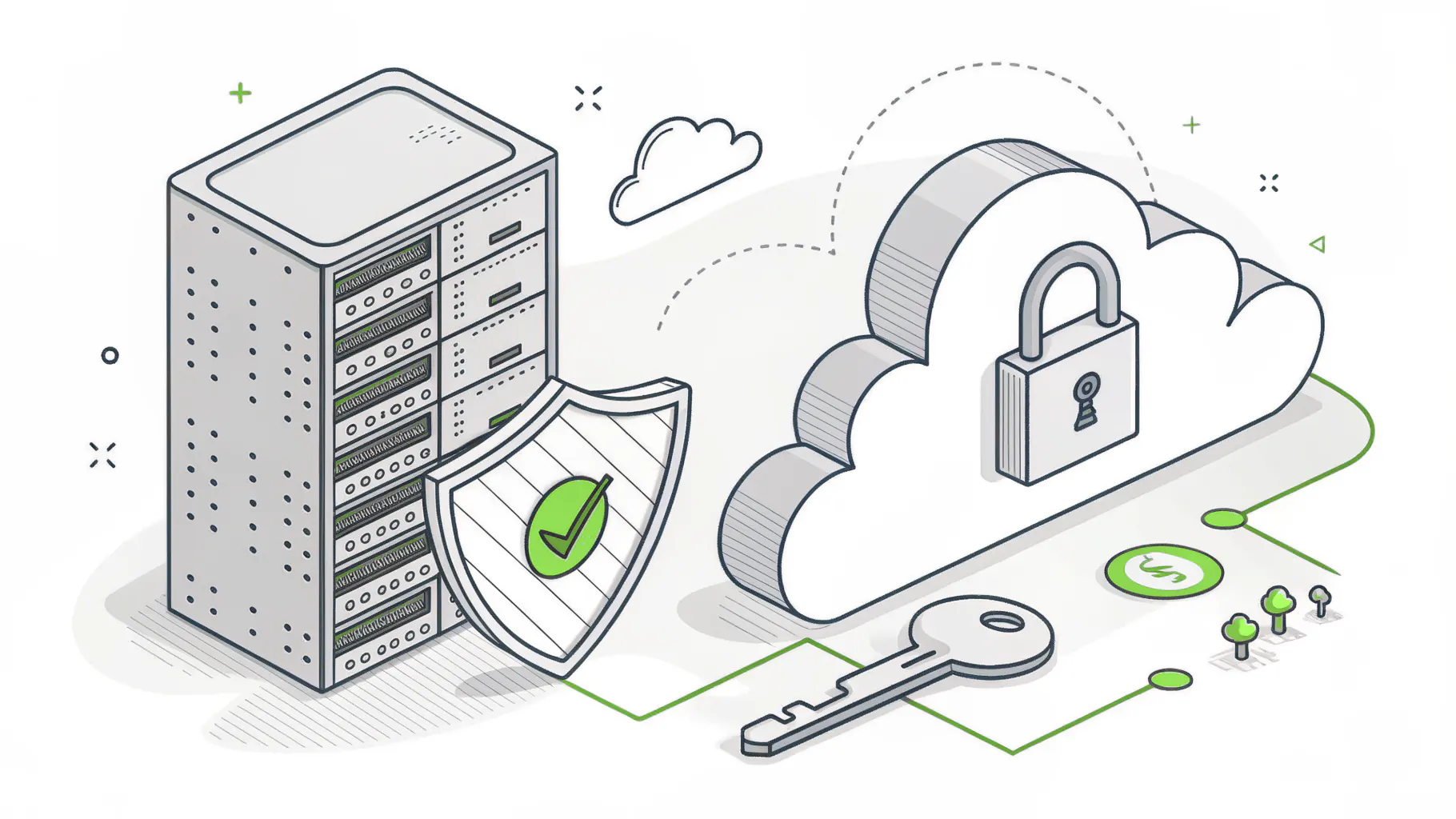 A padlocked cloud vault and a server behind a shield, with a key lying outside, representing immutable backups an attacker cannot delete
