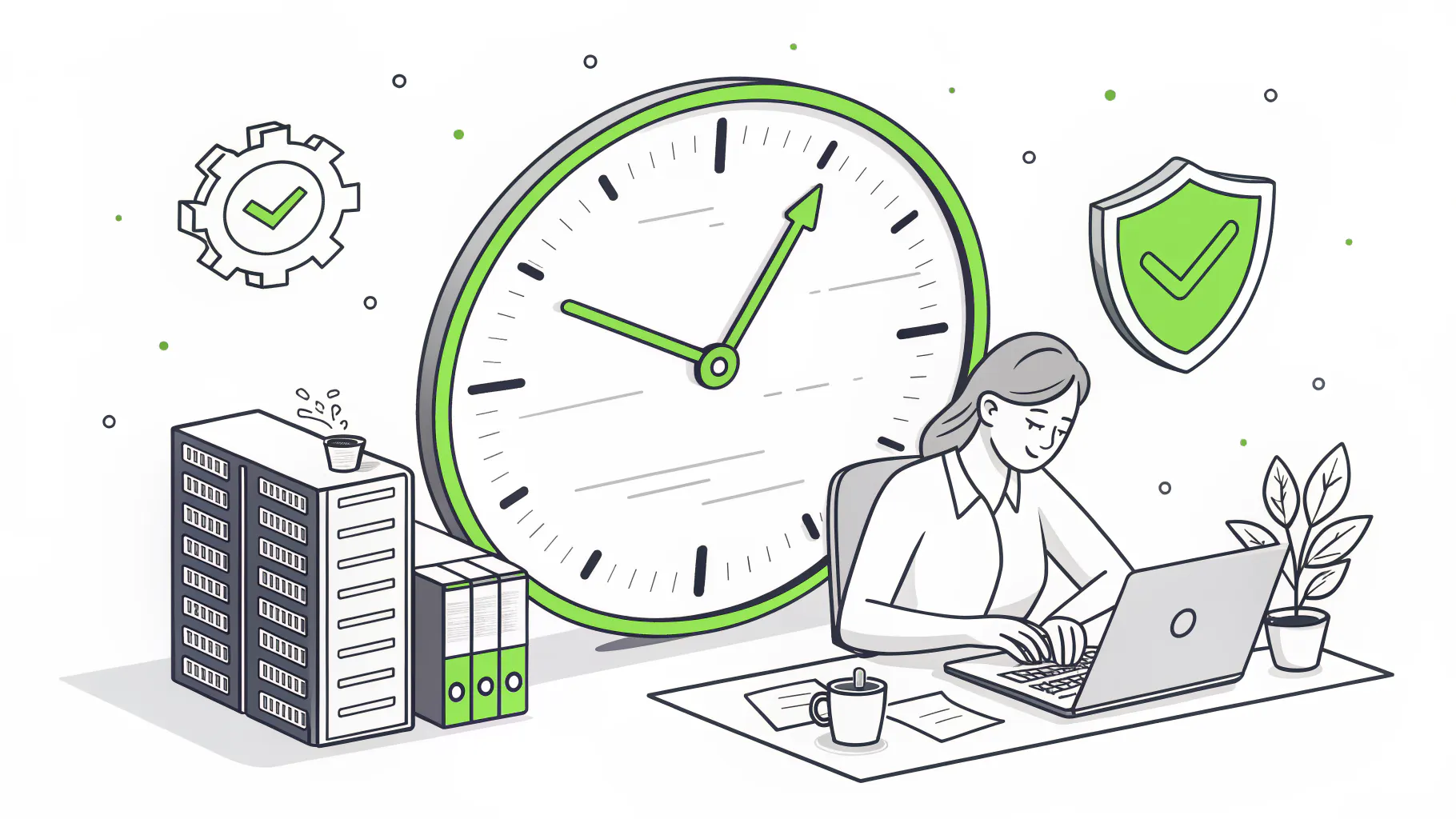 A 24-hour clock where one office shift is covered by an in-house worker and the remaining hours are covered by a green shield, representing after-hours co-managed IT coverage