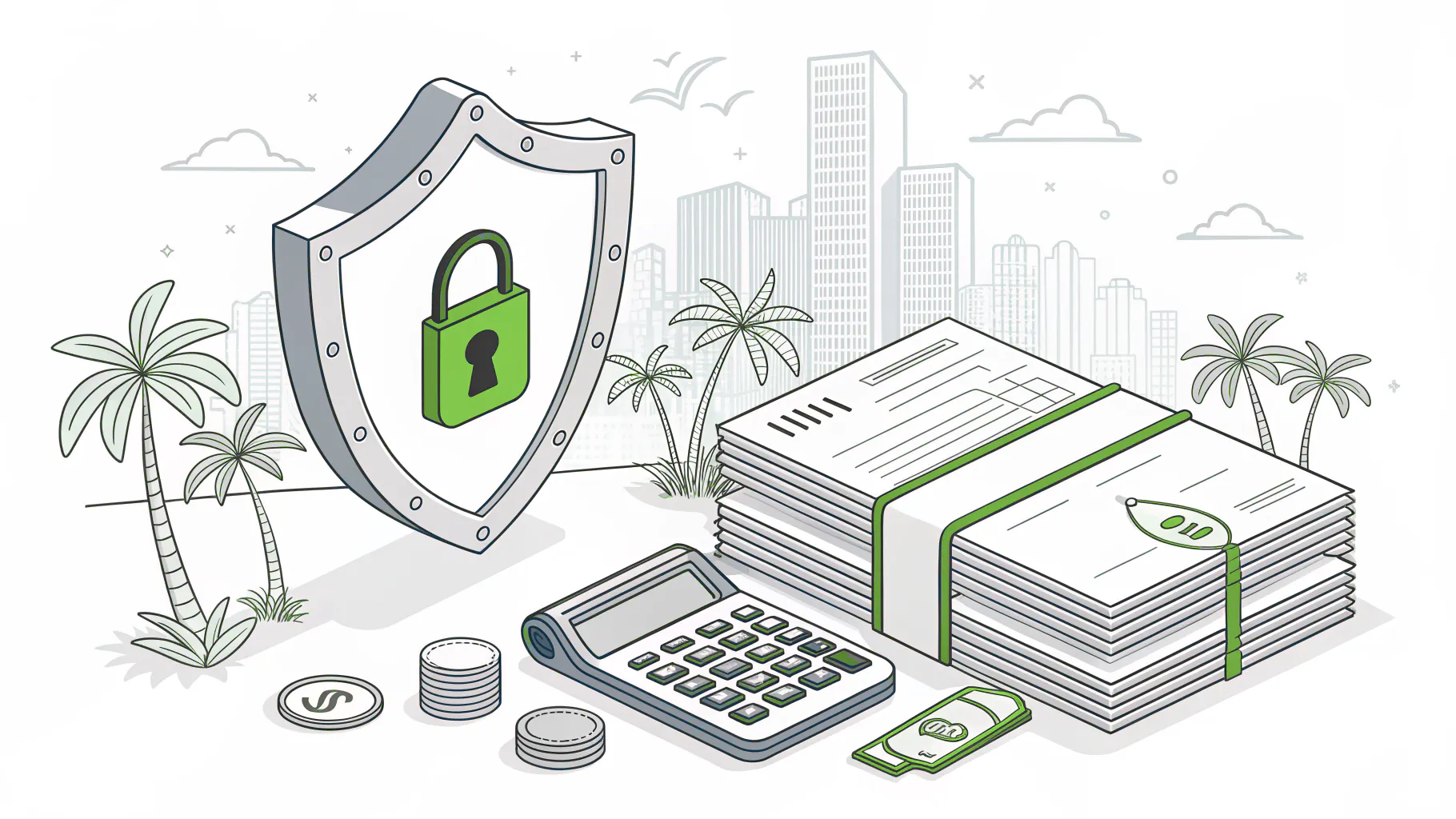 A shield with a green padlock beside a banded stack of insurance policy papers, a calculator, and coins, with palm trees and a Los Angeles skyline behind, representing cyber insurance for LA businesses