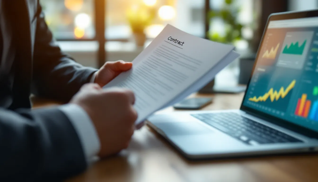A decision maker reviewing contract pages beside a laptop
