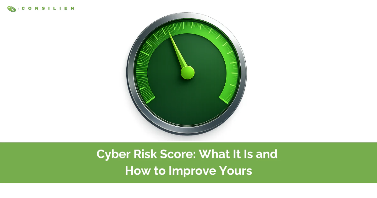 Cyber risk score gauge dial pointing toward a safe high score