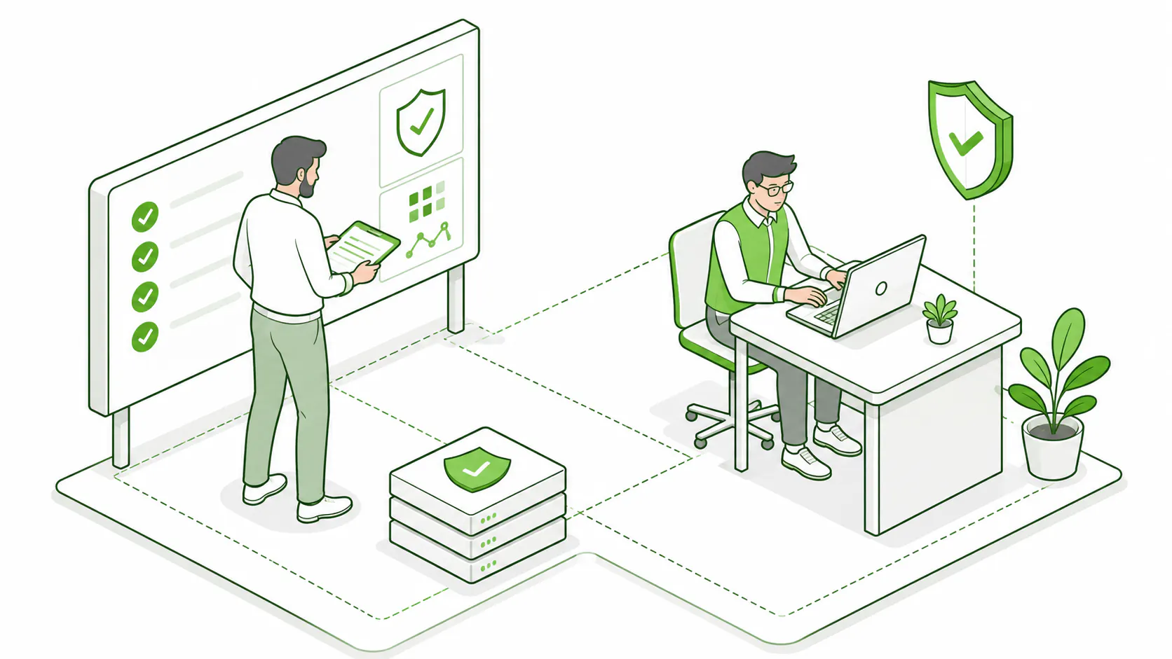 Isometric illustration contrasting a DIY self-assessment with a managed security partner