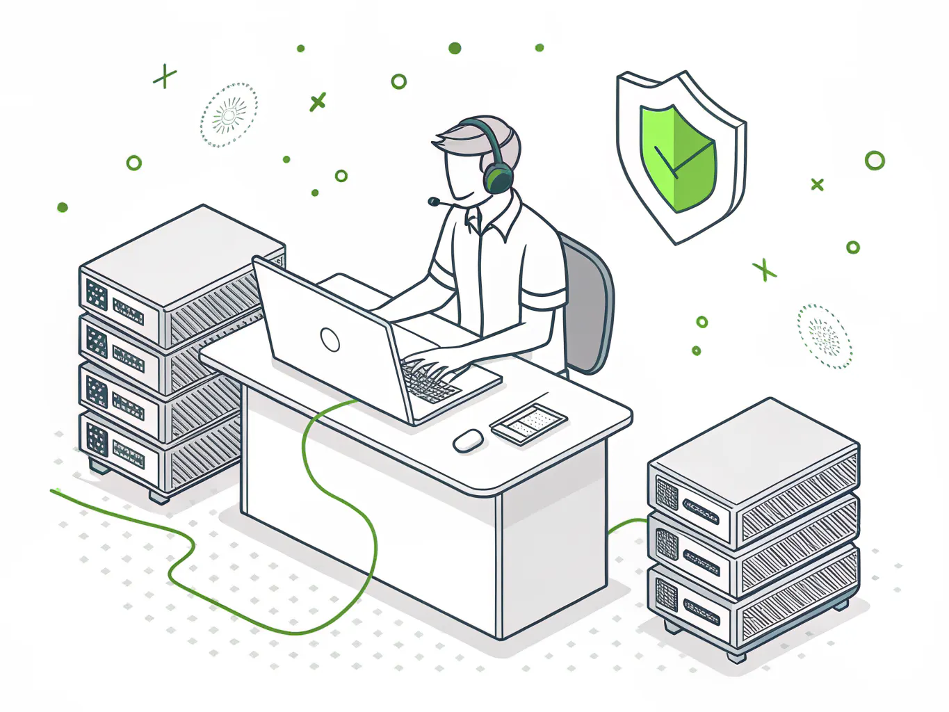 IT help desk technician with headset connected to servers and a security shield