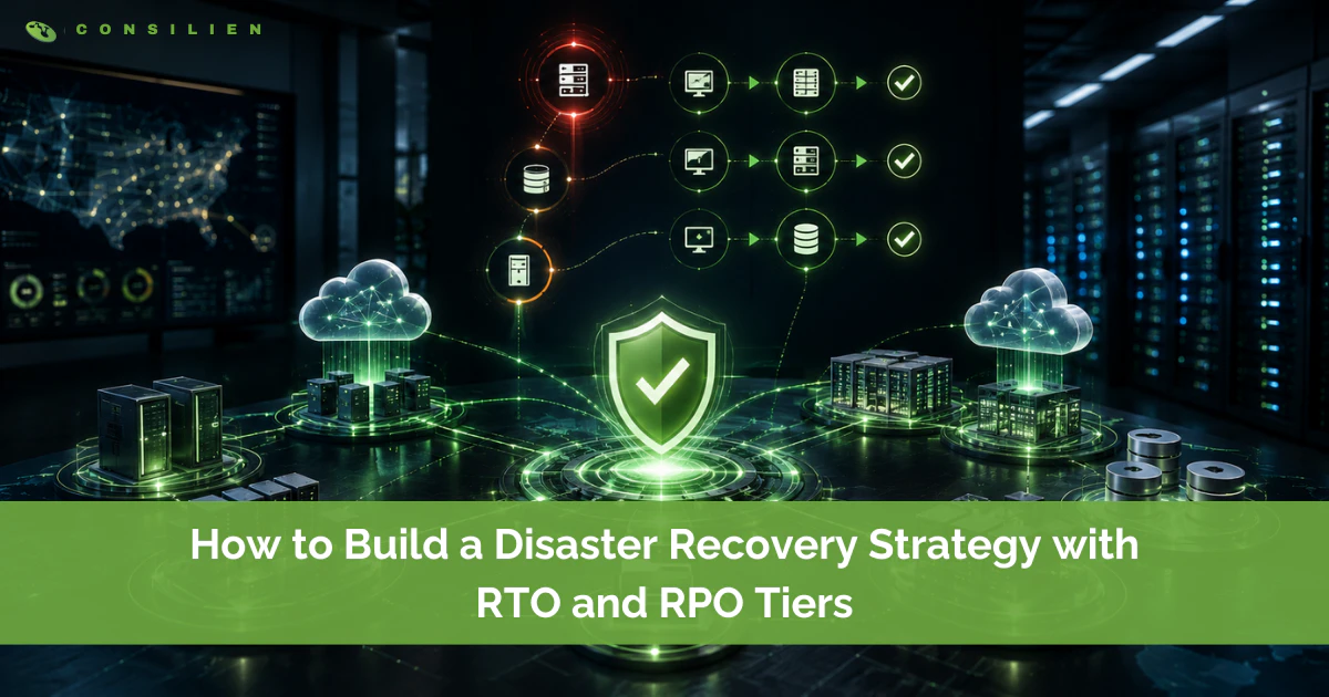Disaster recovery strategy concept: a protected server stack with a recovery loop, clock, and cloud.
