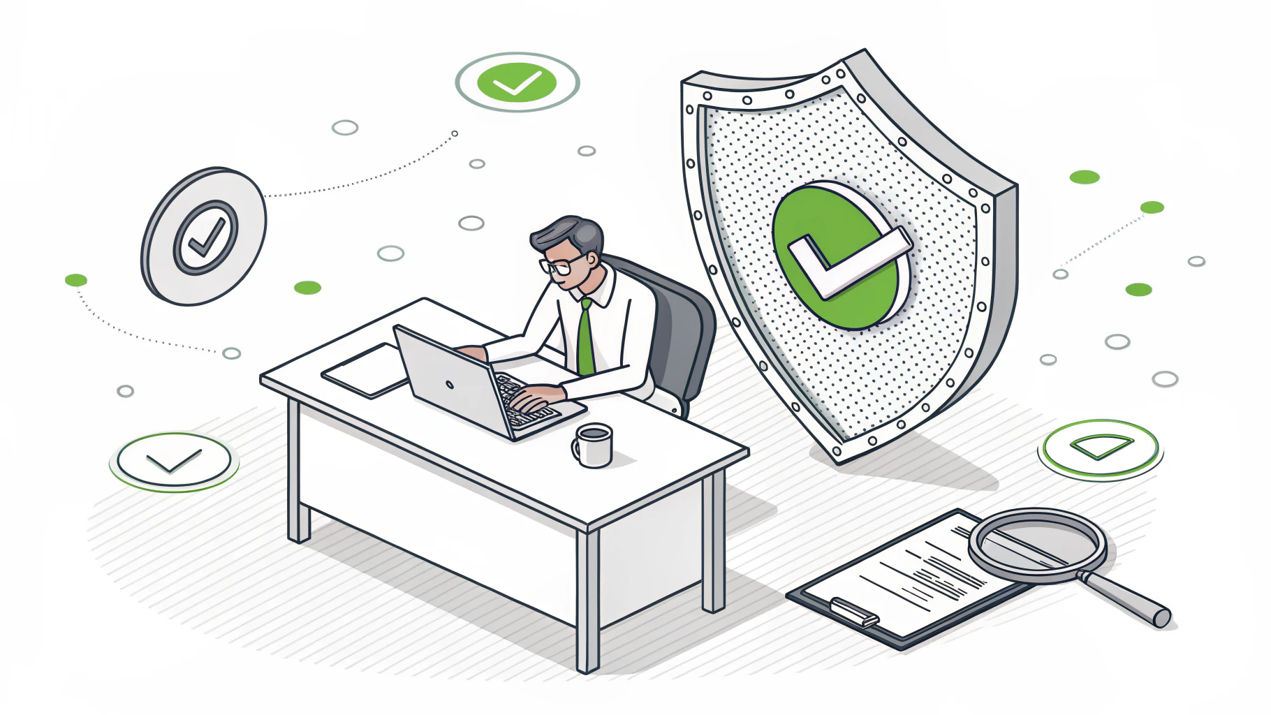 Mid-market leader reviewing a NIST CSF assessment against a central security shield