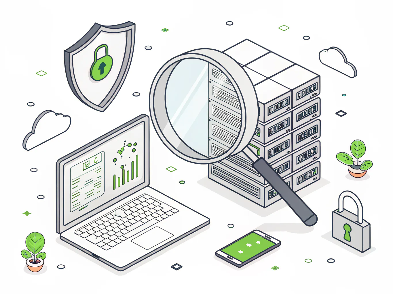 Magnifying glass scanning a shielded server network for vulnerabilities