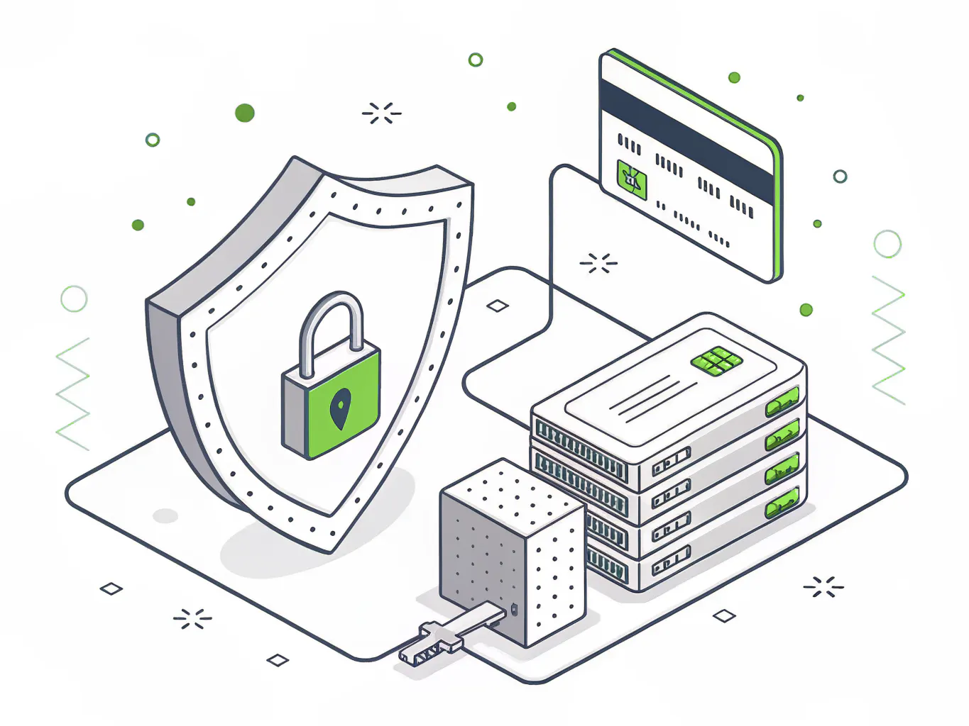 Payment card secured in a shield with a lock beside a checklist and server stack