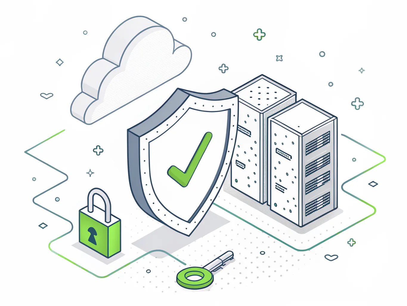 Trust shield with a checkmark beside a cloud server and a padlock representing SOC 2 readiness