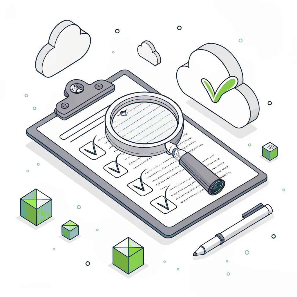 Magnifying glass over a checklist beside a cloud, showing whether SOC 2 readiness is the right fit