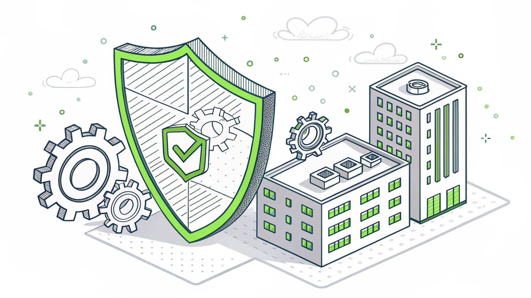 Cybersecurity supply chain framework shown as a shield, checklist, and gears governing a business