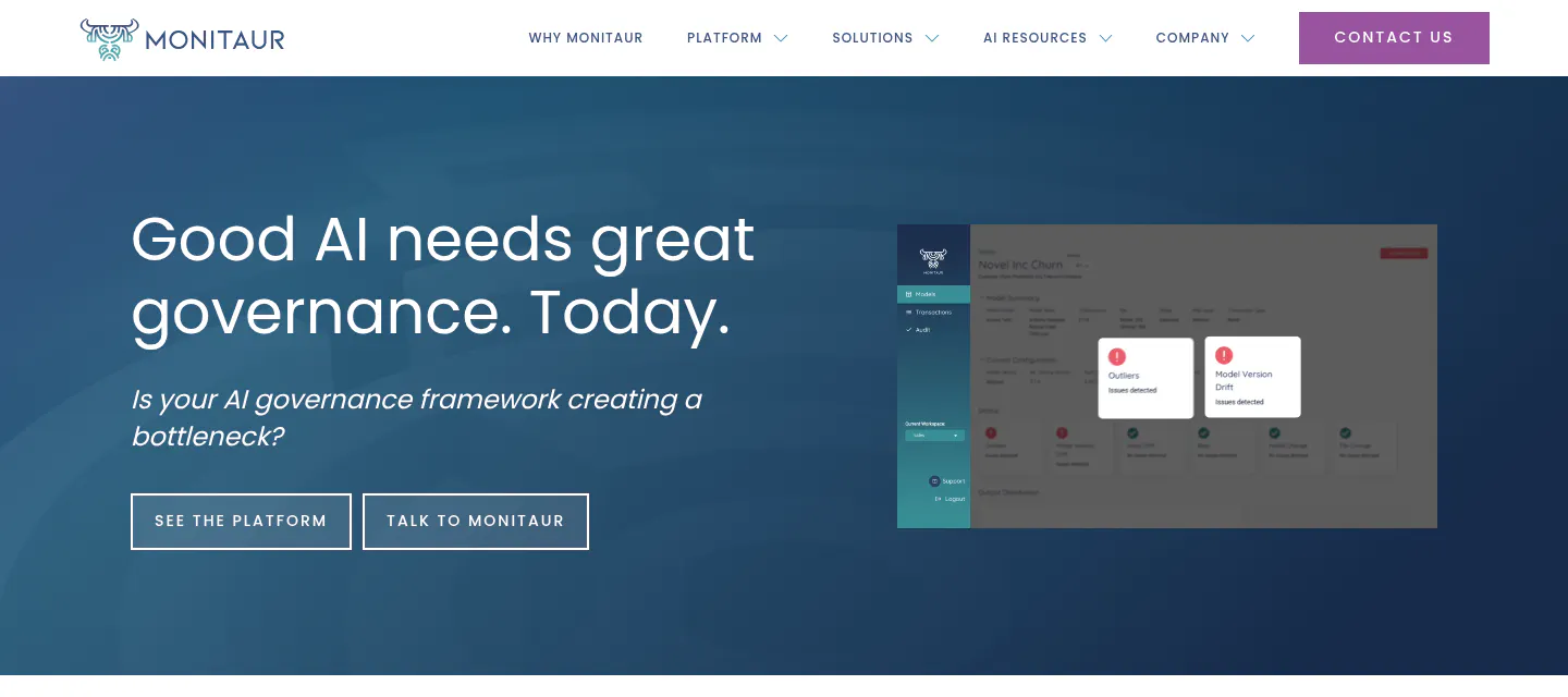 Monitaur AI governance platform homepage