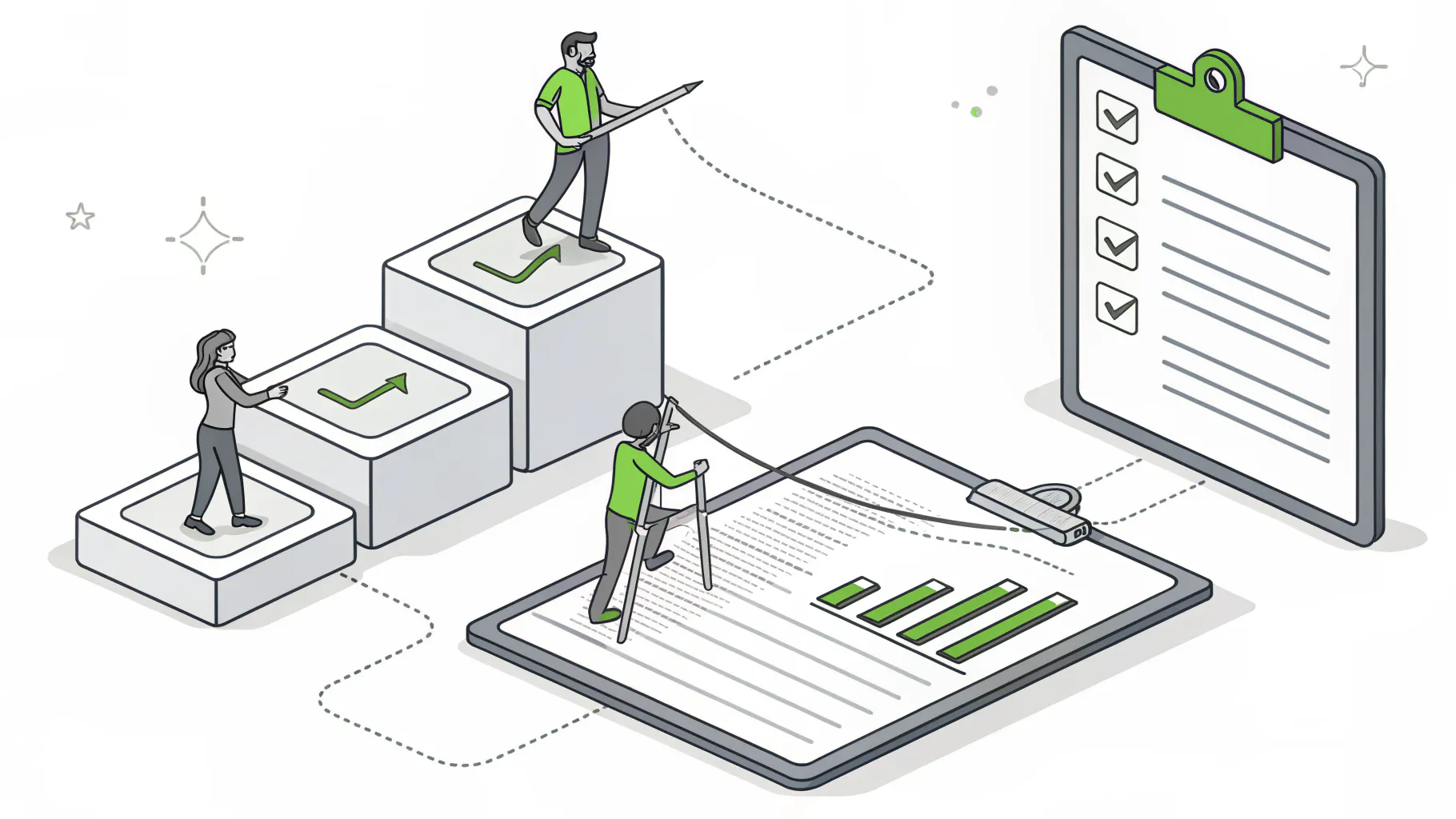 Three connected steps showing an inventory checklist, a shared work queue, and a monthly review chart, representing the first 90 days of a co-managed IT setup