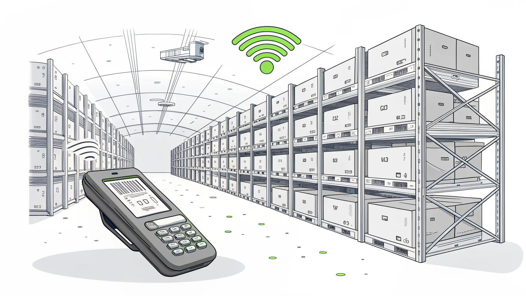 A warehouse aisle with tall pallet racking, a handheld barcode scanner, and a ceiling Wi-Fi access point, representing scanner and WMS connectivity problems in South Bay distribution centers