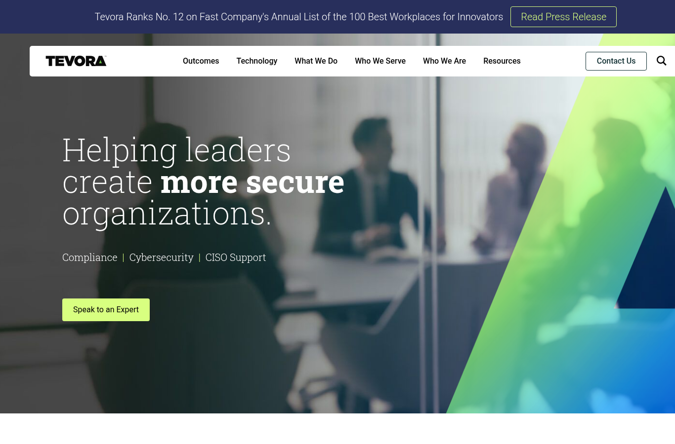 Tevora homepage, IT compliance consulting firm