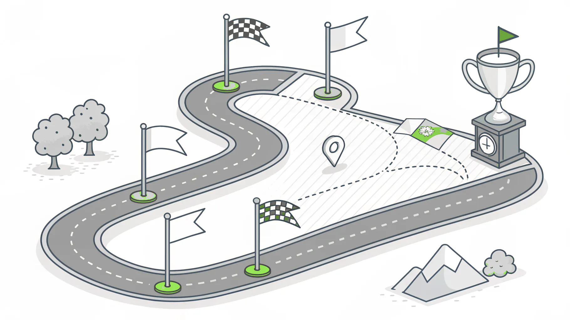 A winding road with milestone flags leading to a trophy, representing the yearly rhythm of a vCIO engagement