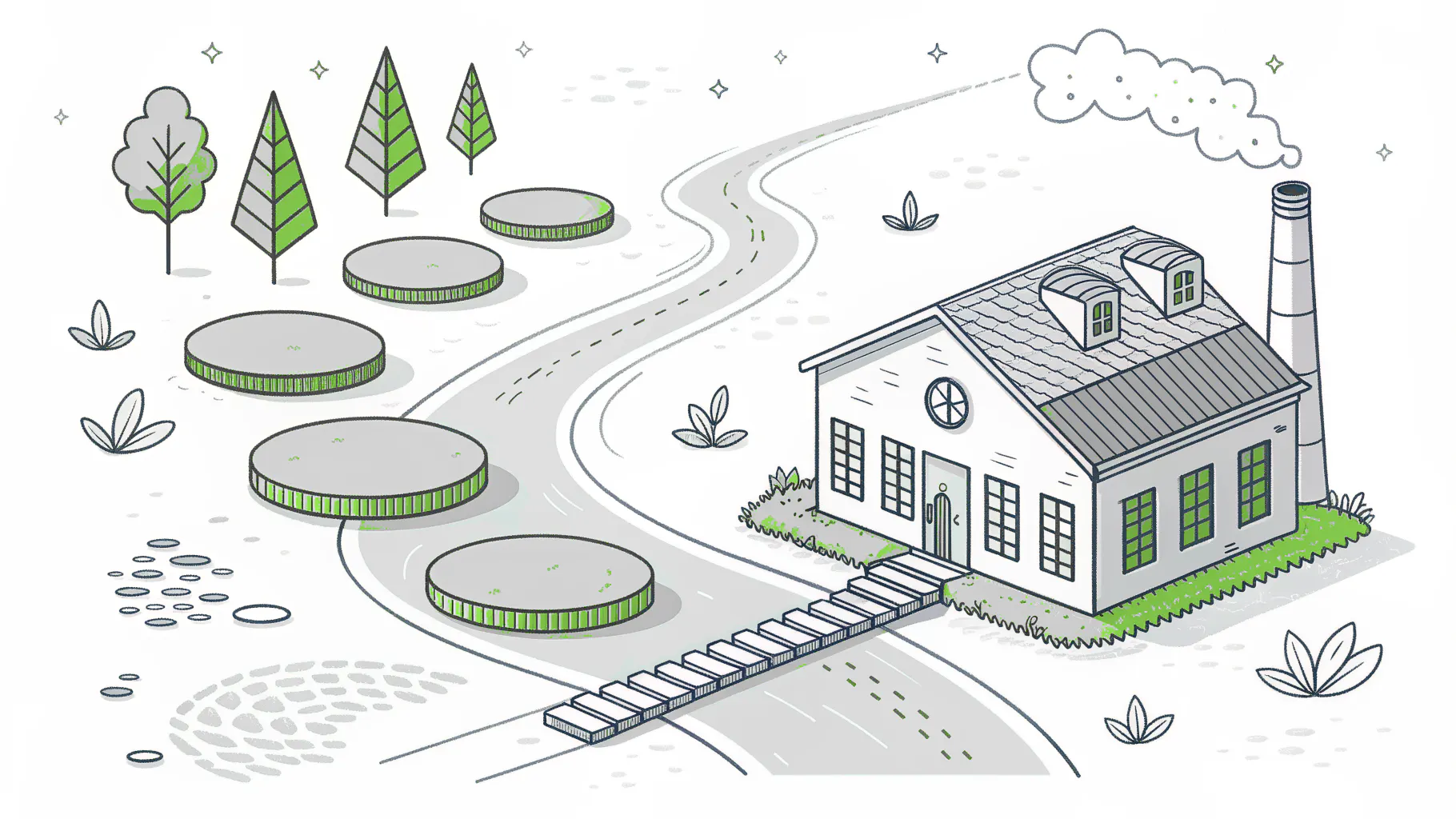 Five green stepping stones crossing a stream toward a factory building, representing restoring plant systems in a set order
