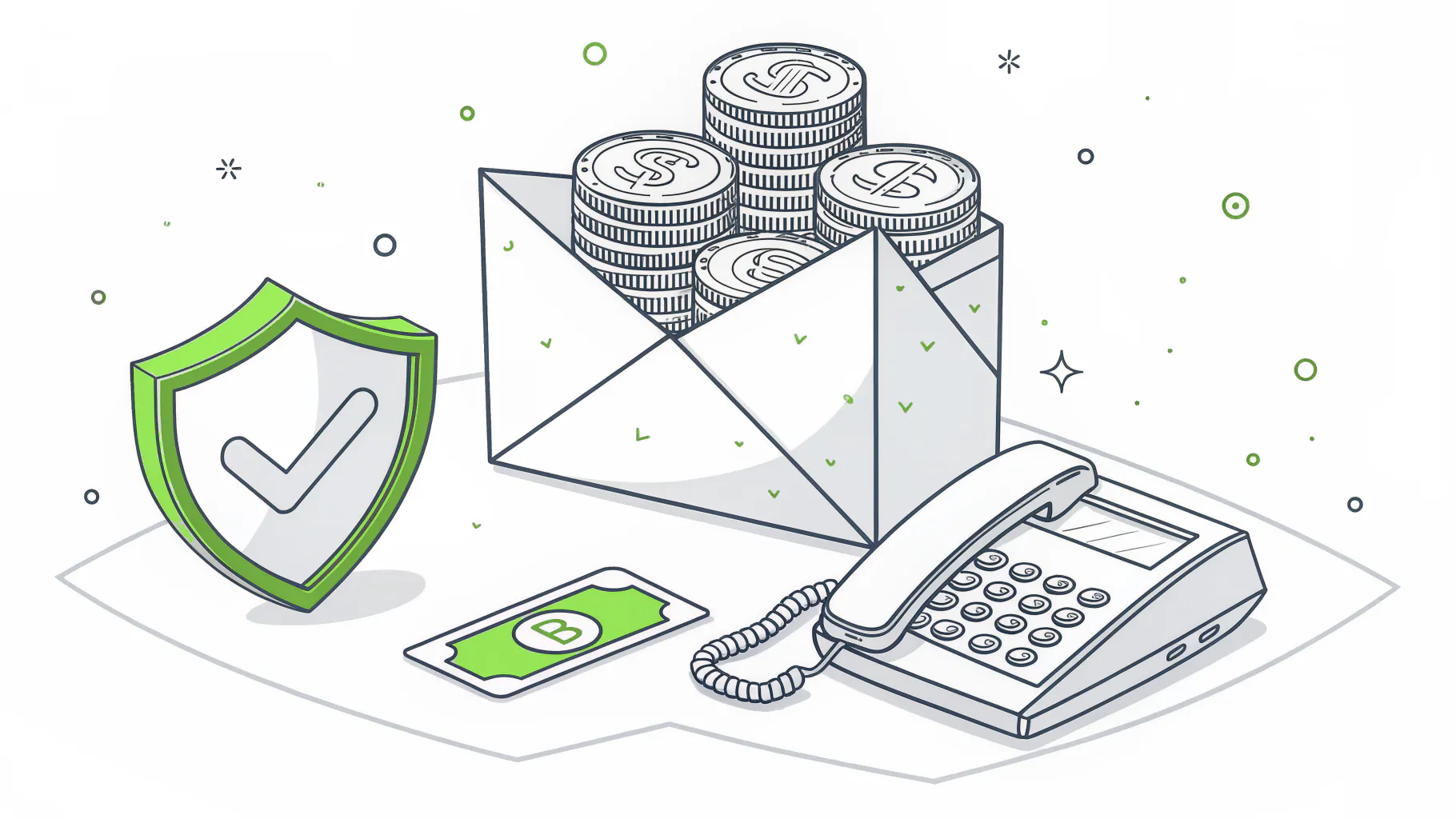 An envelope of money guarded by a shield beside a desk phone, representing call-back verification against business email compromise