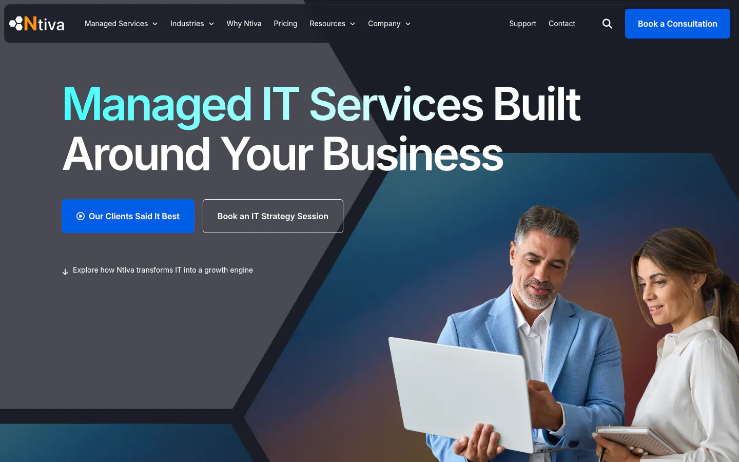 Ntiva homepage, managed IT services and support