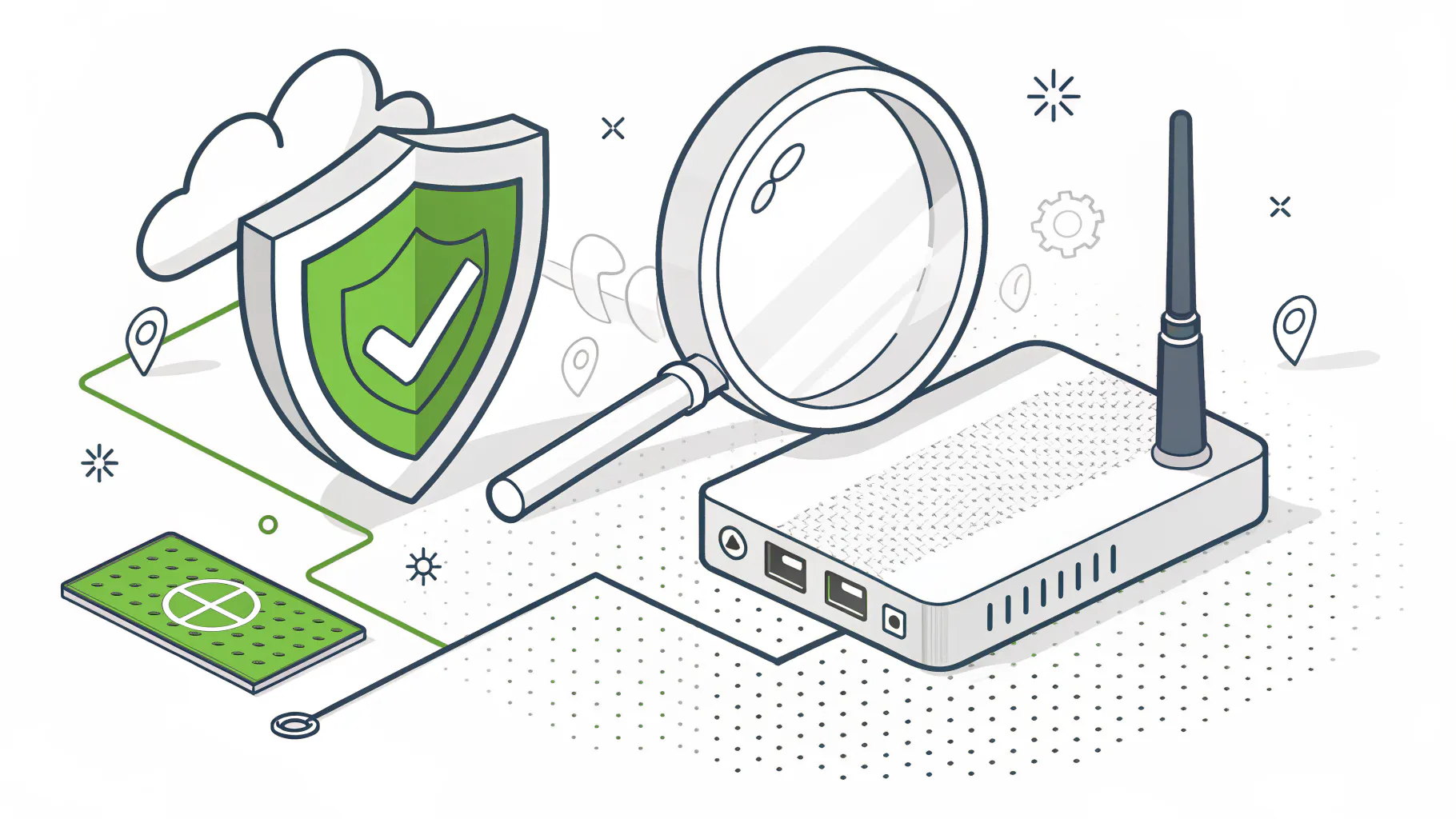 A magnifying glass over a network router beside a green shield, representing an IT assessment reviewing a business environment