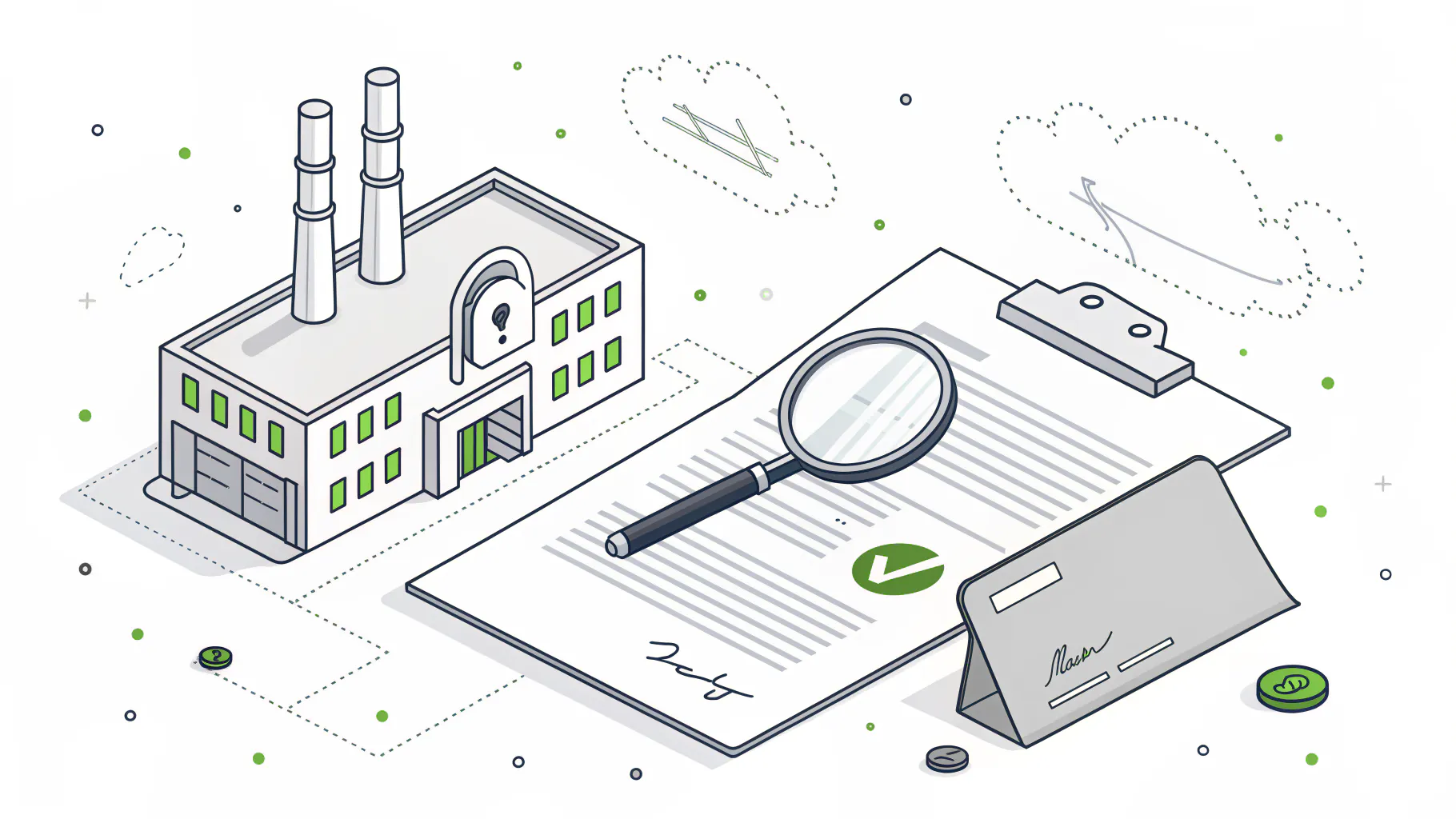 A magnifying glass over a contract clause next to a locked folder of technical drawings, checking whether a contract brings CUI
