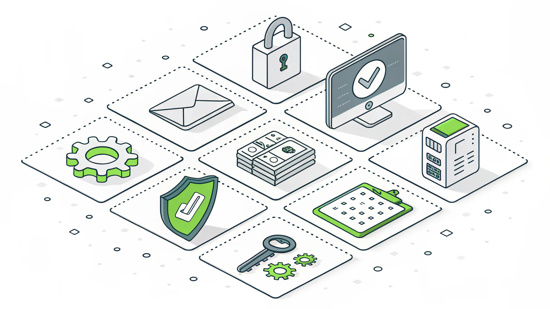 Grid of seven cyber insurance control icons