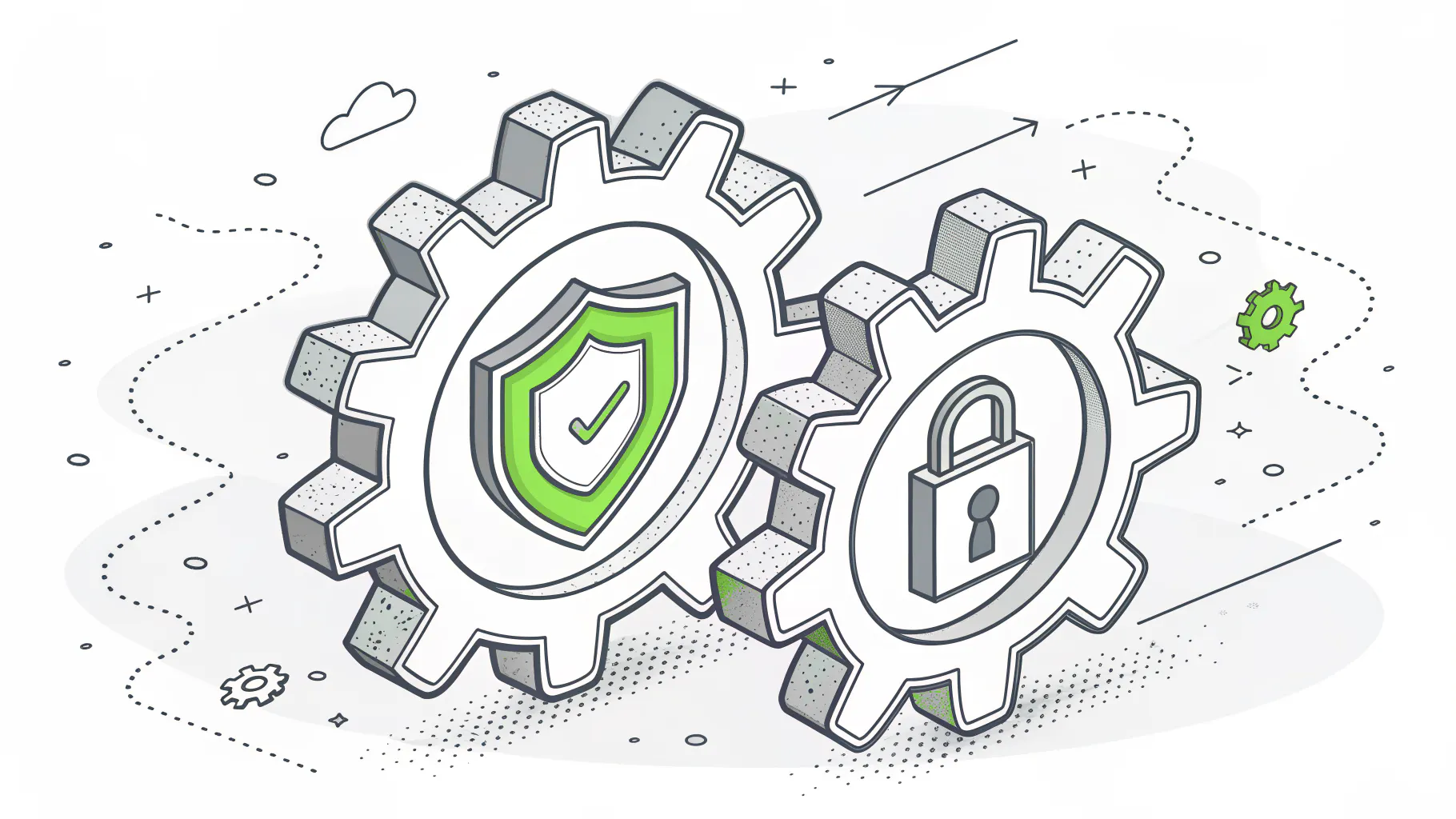 Two interlocking gears with a shield and a padlock emblem, representing one set of security controls mapped to more than one compliance framework