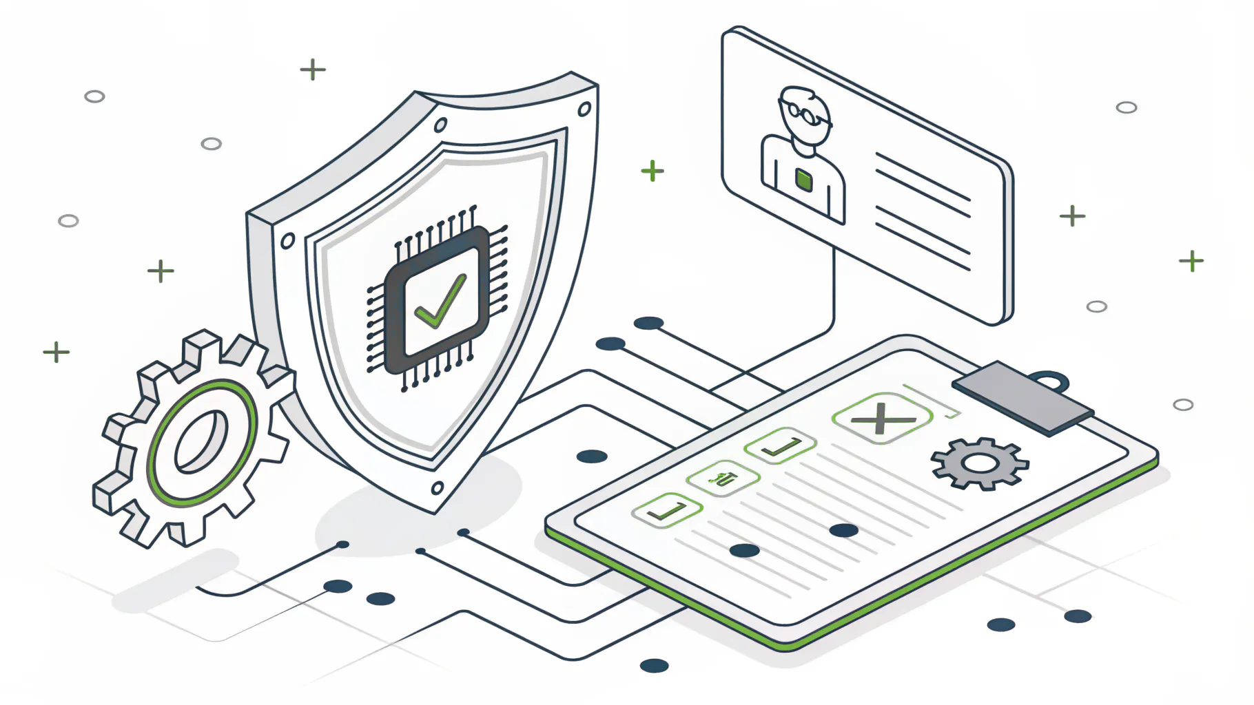 A shield around an AI chip, connected to a governance checklist and a gear