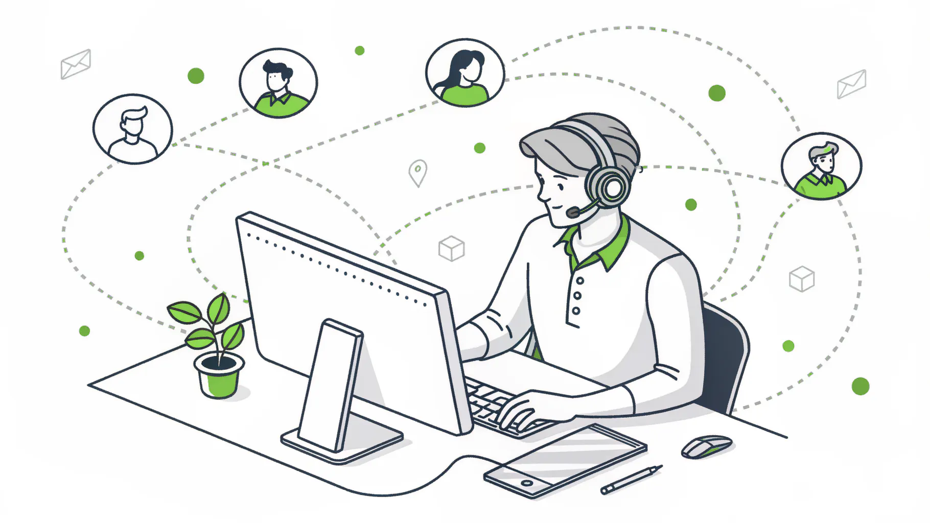 One IT support technician at a workstation connected to a cluster of users, illustrating the technician-to-user ratio that sets per-user pricing